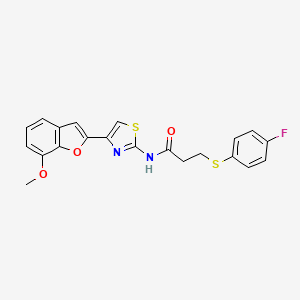 molecular formula C21H17FN2O3S2 B2767013 3-((4-fluorophenyl)thio)-N-(4-(7-methoxybenzofuran-2-yl)thiazol-2-yl)propanamide CAS No. 921797-09-3