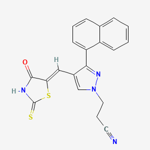 molecular formula C20H14N4OS2 B2767016 (Z)-3-(3-(naphthalen-1-yl)-4-((4-oxo-2-thioxothiazolidin-5-ylidene)methyl)-1H-pyrazol-1-yl)propanenitrile CAS No. 956513-90-9