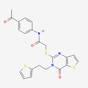 molecular formula C22H19N3O3S3 B2767064 N-(4-acetylphenyl)-2-({4-oxo-3-[2-(thiophen-2-yl)ethyl]-3,4-dihydrothieno[3,2-d]pyrimidin-2-yl}sulfanyl)acetamide CAS No. 1260990-48-4