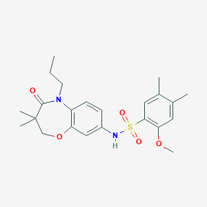 molecular formula C23H30N2O5S B2767079 N-(3,3-二甲基-4-氧代-5-丙基-2,3,4,5-四氢苯并[b][1,4]噁唑-8-基)-2-甲氧基-4,5-二甲基苯磺酰胺 CAS No. 922124-36-5