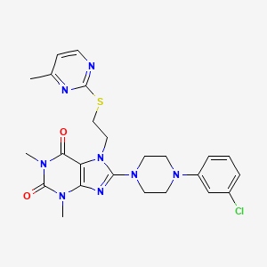 molecular formula C24H27ClN8O2S B2767083 8-[4-(3-氯苯基)哌嗪-1-基]-1,3-二甲基-7-[2-(4-甲基嘧啶-2-基)磺醚基乙基]嘌呤-2,6-二酮 CAS No. 850914-90-8