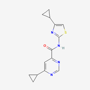 molecular formula C14H14N4OS B2767095 6-Cyclopropyl-N-(4-cyclopropyl-1,3-thiazol-2-yl)pyrimidine-4-carboxamide CAS No. 2415541-81-8