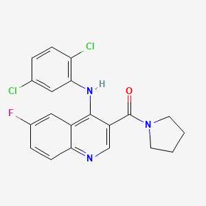 molecular formula C20H16Cl2FN3O B2767113 (4-((2,5-Dichlorophenyl)amino)-6-fluoroquinolin-3-yl)(pyrrolidin-1-yl)methanone CAS No. 1359320-32-3