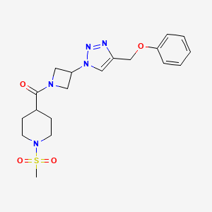 molecular formula C19H25N5O4S B2767154 (1-(甲磺酰基)哌啶-4-基)(3-(4-(苯氧甲基)-1H-1,2,3-三唑-1-基)氮杂环丁烷-1-基)甲酮 CAS No. 2034591-55-2