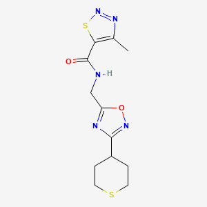 molecular formula C12H15N5O2S2 B2767214 4-methyl-N-((3-(tetrahydro-2H-thiopyran-4-yl)-1,2,4-oxadiazol-5-yl)methyl)-1,2,3-thiadiazole-5-carboxamide CAS No. 2034292-84-5