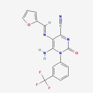 molecular formula C17H10F3N5O2 B2767217 5-{[(E)-2-furylmethylidene]amino}-6-imino-2-oxo-1-[3-(trifluoromethyl)phenyl]-1,2,3,6-tetrahydro-4-pyrimidinecarbonitrile CAS No. 1020252-46-3