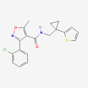 molecular formula C19H17ClN2O2S B2767239 3-(2-chlorophenyl)-5-methyl-N-((1-(thiophen-2-yl)cyclopropyl)methyl)isoxazole-4-carboxamide CAS No. 1203354-95-3