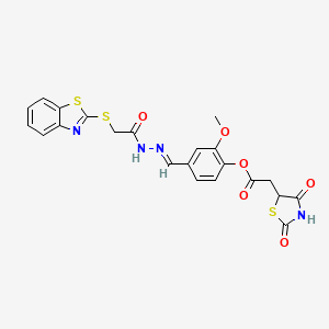 molecular formula C22H18N4O6S3 B2767276 (E)-4-((2-(2-(benzo[d]thiazol-2-ylthio)acetyl)hydrazono)methyl)-2-methoxyphenyl 2-(2,4-dioxothiazolidin-5-yl)acetate CAS No. 371117-17-8