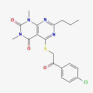 molecular formula C19H19ClN4O3S B2767308 5-((2-(4-chlorophenyl)-2-oxoethyl)thio)-1,3-dimethyl-7-propylpyrimido[4,5-d]pyrimidine-2,4(1H,3H)-dione CAS No. 852171-44-9