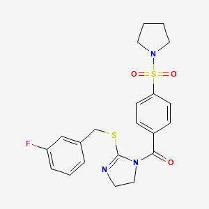 molecular formula C21H22FN3O3S2 B2767362 [2-[(3-Fluorophenyl)methylsulfanyl]-4,5-dihydroimidazol-1-yl]-(4-pyrrolidin-1-ylsulfonylphenyl)methanone CAS No. 851865-39-9