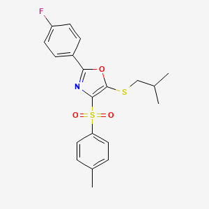 molecular formula C20H20FNO3S2 B2767428 2-(4-Fluorophenyl)-5-(isobutylthio)-4-tosyloxazole CAS No. 850927-18-3