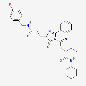 molecular formula C30H34FN5O3S B2767430 N-环己基-2-{[2-(2-{[(4-氟苯基)甲基]碳酰}乙基)-3-氧代-2H,3H-咪唑[1,2-c]喹唑啉-5-基]硫代基}丁酰胺 CAS No. 1103975-80-9