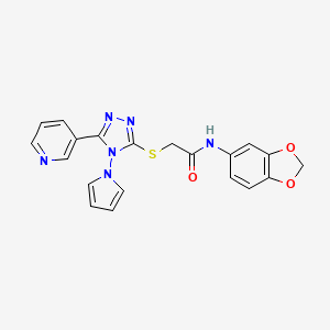 molecular formula C20H16N6O3S B2767438 N-(1,3-benzodioxol-5-yl)-2-{[5-(pyridin-3-yl)-4-(1H-pyrrol-1-yl)-4H-1,2,4-triazol-3-yl]sulfanyl}acetamide CAS No. 886940-70-1