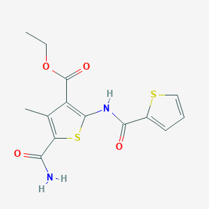 molecular formula C14H14N2O4S2 B276747 Ethyl 5-(aminocarbonyl)-4-methyl-2-[(2-thienylcarbonyl)amino]-3-thiophenecarboxylate 
