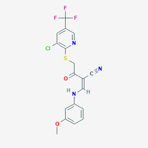 molecular formula C18H13ClF3N3O2S B2767506 2-(2-{[3-氯-5-(三氟甲基)-2-吡啶基]硫基}乙酰)-3-(3-甲氧基苯胺基)丙-2-烯腈 CAS No. 251310-64-2