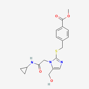 molecular formula C18H21N3O4S B2767508 methyl 4-(((1-(2-(cyclopropylamino)-2-oxoethyl)-5-(hydroxymethyl)-1H-imidazol-2-yl)thio)methyl)benzoate CAS No. 921867-76-7