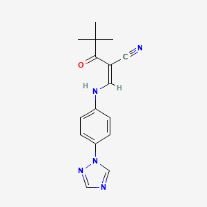 molecular formula C16H17N5O B2767580 (2Z)-4,4-dimethyl-3-oxo-2-[[4-(1,2,4-triazol-1-yl)anilino]methylidene]pentanenitrile CAS No. 1025281-25-7