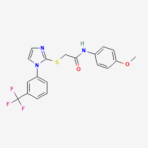 molecular formula C19H16F3N3O2S B2767586 N-(4-methoxyphenyl)-2-[1-[3-(trifluoromethyl)phenyl]imidazol-2-yl]sulfanylacetamide CAS No. 869345-80-2