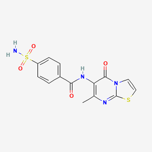 molecular formula C14H12N4O4S2 B2767622 N-(7-甲基-5-氧代-5H-噻唑并[3,2-a]嘧啶-6-基)-4-磺酰胺基苯甲酰胺 CAS No. 941966-52-5
