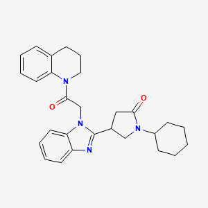 molecular formula C28H32N4O2 B2767624 1-Cyclohexyl-4-[1-(2-oxo-2-(1,2,3,4-tetrahydroquinolyl)ethyl)benzimidazol-2-yl]pyrrolidin-2-one CAS No. 905767-10-4
