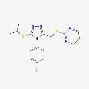 molecular formula C16H16ClN5S2 B2767626 2-[[4-(4-Chlorophenyl)-5-propan-2-ylsulfanyl-1,2,4-triazol-3-yl]methylsulfanyl]pyrimidine CAS No. 868221-77-6