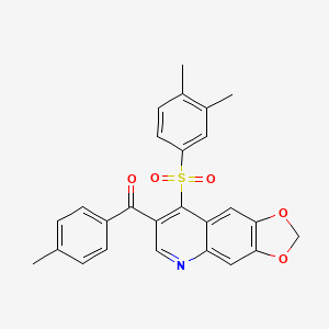 molecular formula C26H21NO5S B2767681 (8-((3,4-Dimethylphenyl)sulfonyl)-[1,3]dioxolo[4,5-g]quinolin-7-yl)(p-tolyl)methanone CAS No. 866895-66-1