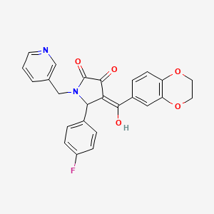 molecular formula C25H19FN2O5 B2767722 (4E)-4-[2,3-dihydro-1,4-benzodioxin-6-yl(hydroxy)methylidene]-5-(4-fluorophenyl)-1-(pyridin-3-ylmethyl)pyrrolidine-2,3-dione CAS No. 618412-52-5
