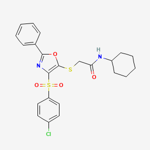 molecular formula C23H23ClN2O4S2 B2767746 2-((4-((4-chlorophenyl)sulfonyl)-2-phenyloxazol-5-yl)thio)-N-cyclohexylacetamide CAS No. 850926-19-1