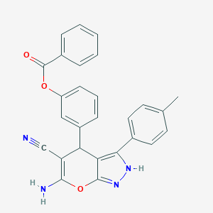 molecular formula C27H20N4O3 B276782 [3-[6-Amino-5-cyano-3-(4-methylphenyl)-2,4-dihydropyrano[2,3-c]pyrazol-4-yl]phenyl] benzoate 