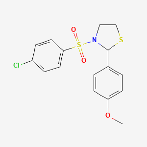 molecular formula C16H16ClNO3S2 B2767827 3-((4-Chlorophenyl)sulfonyl)-2-(4-methoxyphenyl)thiazolidine CAS No. 319490-53-4