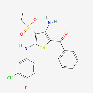 molecular formula C19H16ClFN2O3S2 B2767838 (3-Amino-5-((3-chloro-4-fluorophenyl)amino)-4-(ethylsulfonyl)thiophen-2-yl)(phenyl)methanone CAS No. 890792-72-0