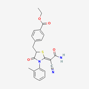 molecular formula C23H21N3O4S B2767846 (Z)-ethyl 4-((2-(2-amino-1-cyano-2-oxoethylidene)-4-oxo-3-(o-tolyl)thiazolidin-5-yl)methyl)benzoate CAS No. 797764-74-0