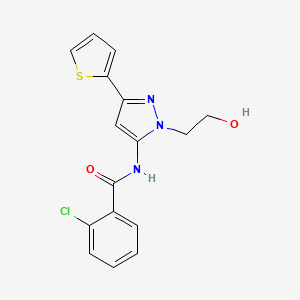 molecular formula C16H14ClN3O2S B2767865 2-chloro-N-(1-(2-hydroxyethyl)-3-(thiophen-2-yl)-1H-pyrazol-5-yl)benzamide CAS No. 1219913-14-0