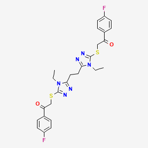 molecular formula C26H26F2N6O2S2 B2767995 2-[[4-Ethyl-5-[2-[4-ethyl-5-[2-(4-fluorophenyl)-2-oxoethyl]sulfanyl-1,2,4-triazol-3-yl]ethyl]-1,2,4-triazol-3-yl]sulfanyl]-1-(4-fluorophenyl)ethanone CAS No. 496775-91-8