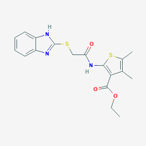 molecular formula C18H19N3O3S2 B276801 ethyl 2-{[(1H-benzimidazol-2-ylsulfanyl)acetyl]amino}-4,5-dimethylthiophene-3-carboxylate 