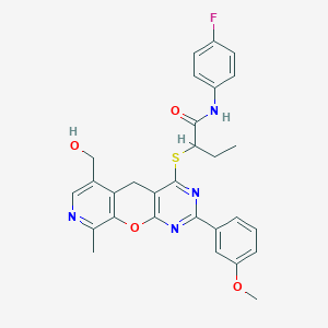 N-(4-fluorophenyl)-2-((6-(hydroxymethyl)-2-(3-methoxyphenyl)-9-methyl-5H-pyrido[4',3':5,6]pyrano[2,3-d]pyrimidin-4-yl)thio)butanamide