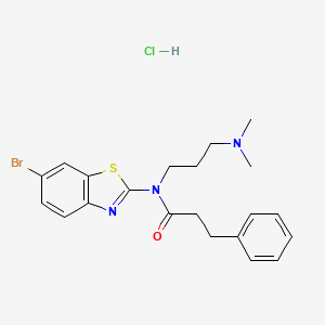molecular formula C21H25BrClN3OS B2768173 N-(6-bromobenzo[d]thiazol-2-yl)-N-(3-(dimethylamino)propyl)-3-phenylpropanamide hydrochloride CAS No. 1052530-66-1