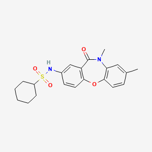 molecular formula C21H24N2O4S B2768179 N-(8,10-二甲基-11-氧代-10,11-二氢二苯并[b,f][1,4]噁二氧杂杂环-2-基)环己烷磺酰胺 CAS No. 922090-09-3