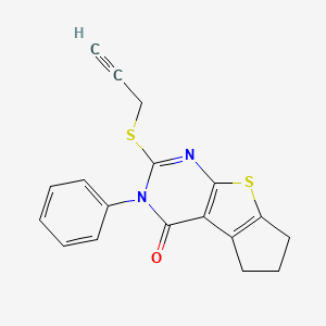 molecular formula C18H14N2OS2 B2768239 3-phenyl-2-(prop-2-yn-1-ylthio)-6,7-dihydro-3H-cyclopenta[4,5]thieno[2,3-d]pyrimidin-4(5H)-one CAS No. 314042-08-5