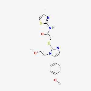 molecular formula C19H22N4O3S2 B2768342 2-((1-(2-methoxyethyl)-5-(4-methoxyphenyl)-1H-imidazol-2-yl)thio)-N-(4-methylthiazol-2-yl)acetamide CAS No. 1206992-68-8