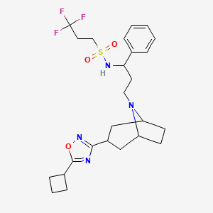 molecular formula C25H33F3N4O3S B2768344 N-(3-((1R,5S)-3-(5-cyclobutyl-1,2,4-oxadiazol-3-yl)-8-azabicyclo[3.2.1]octan-8-yl)-1-phenylpropyl)-3,3,3-trifluoropropane-1-sulfonamide CAS No. 2108829-82-7