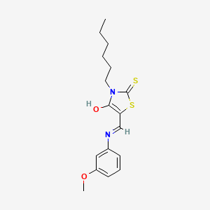 molecular formula C17H22N2O2S2 B2768411 (E)-3-hexyl-5-(((3-methoxyphenyl)amino)methylene)-2-thioxothiazolidin-4-one CAS No. 881570-38-3