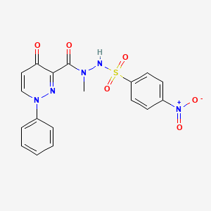 molecular formula C18H15N5O6S B2768419 N'-methyl-4-nitro-N'-[(4-oxo-1-phenyl-1,4-dihydro-3-pyridazinyl)carbonyl]benzenesulfonohydrazide CAS No. 866131-29-5