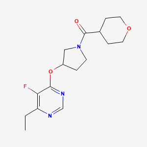 molecular formula C16H22FN3O3 B2768428 (3-((6-ethyl-5-fluoropyrimidin-4-yl)oxy)pyrrolidin-1-yl)(tetrahydro-2H-pyran-4-yl)methanone CAS No. 2034574-37-1