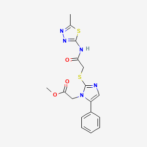 molecular formula C17H17N5O3S2 B2768435 甲基 2-(2-((2-((5-甲基-1,3,4-噻二唑-2-基)氨基)-2-氧代乙基)硫代)-5-苯基-1H-咪唑-1-基)乙酸酯 CAS No. 1206997-20-7