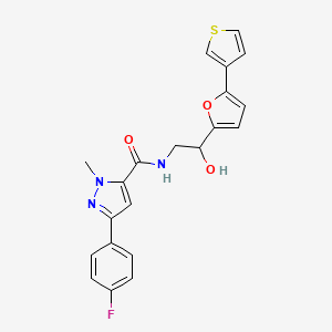 molecular formula C21H18FN3O3S B2768500 3-(4-fluorophenyl)-N-(2-hydroxy-2-(5-(thiophen-3-yl)furan-2-yl)ethyl)-1-methyl-1H-pyrazole-5-carboxamide CAS No. 2034344-54-0