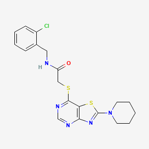 molecular formula C19H20ClN5OS2 B2768539 N-(2-chlorobenzyl)-2-((2-(piperidin-1-yl)thiazolo[4,5-d]pyrimidin-7-yl)thio)acetamide CAS No. 1189440-07-0