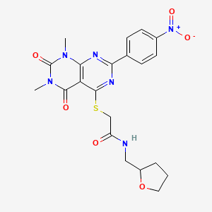 molecular formula C21H22N6O6S B2768547 2-((6,8-dimethyl-2-(4-nitrophenyl)-5,7-dioxo-5,6,7,8-tetrahydropyrimido[4,5-d]pyrimidin-4-yl)thio)-N-((tetrahydrofuran-2-yl)methyl)acetamide CAS No. 847190-59-4