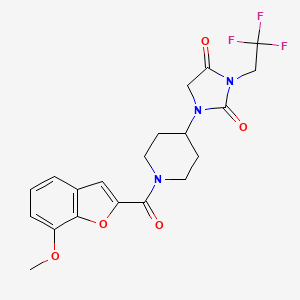 molecular formula C20H20F3N3O5 B2768604 1-[1-(7-Methoxy-1-benzofuran-2-carbonyl)piperidin-4-yl]-3-(2,2,2-trifluoroethyl)imidazolidine-2,4-dione CAS No. 2097916-22-6