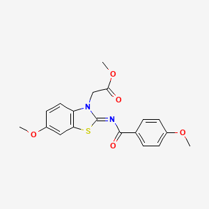 molecular formula C19H18N2O5S B2768617 Methyl 2-[6-methoxy-2-(4-methoxybenzoyl)imino-1,3-benzothiazol-3-yl]acetate CAS No. 1164551-85-2